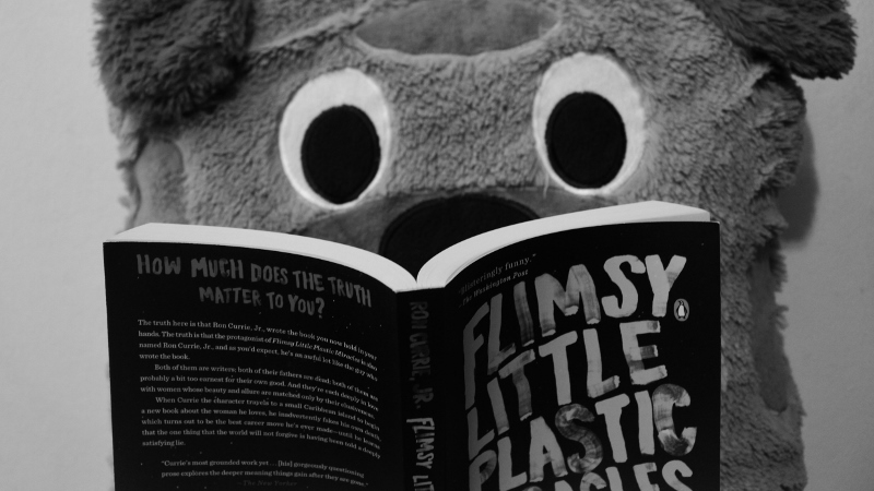 Rupert is reading 'Flimsy Little Plastic Miracles'