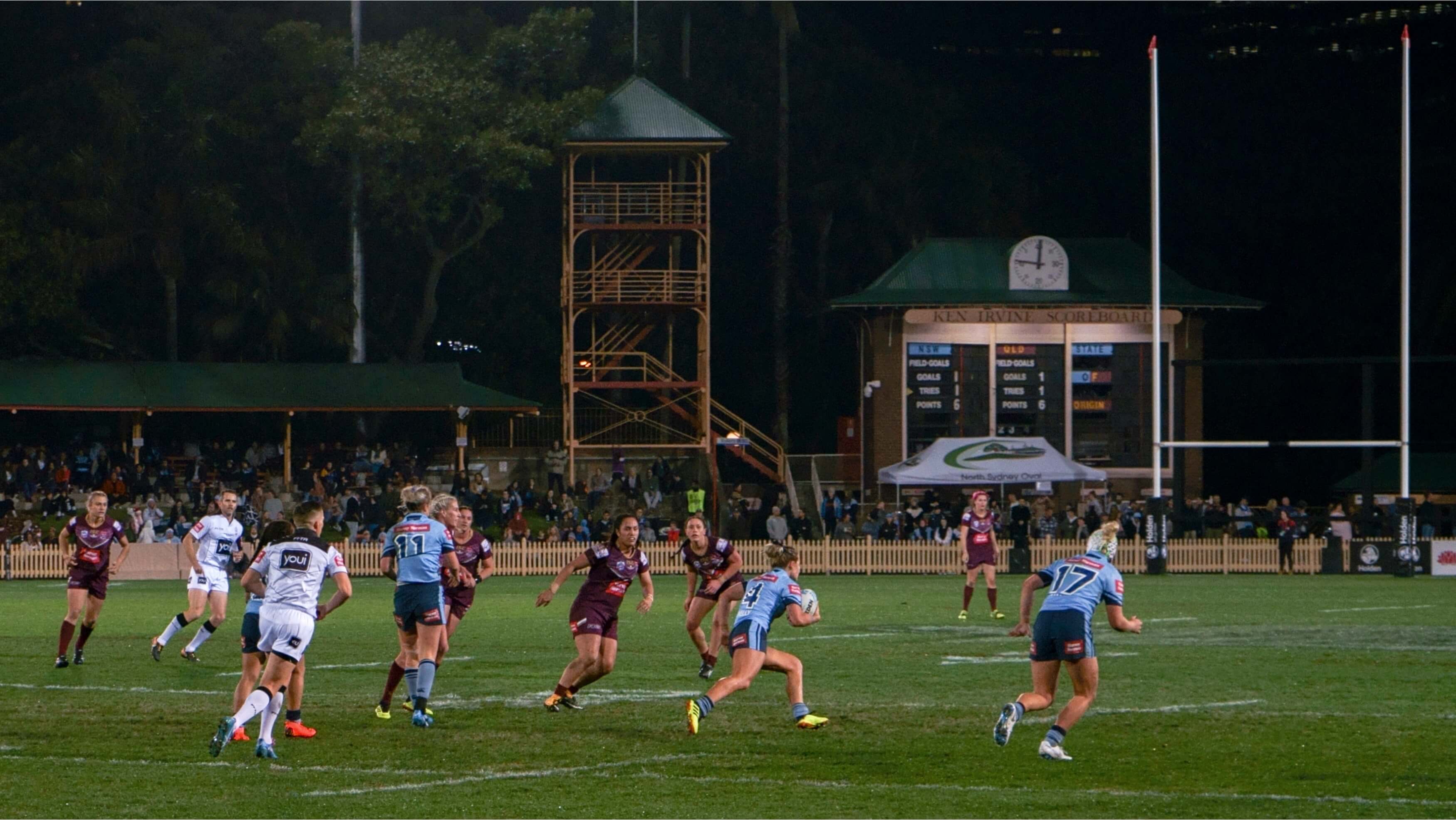 New South Wales player Isabelle Kelly moves the ball against Queensland in the first Women's State of Origin match - 22 June 2018, North Sydney Oval.